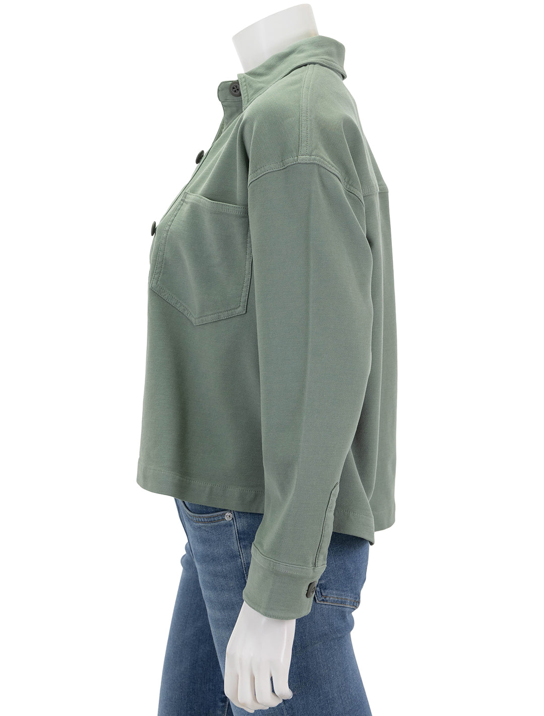 Side view of Faherty's stretch terry overshirt in coastal sage.