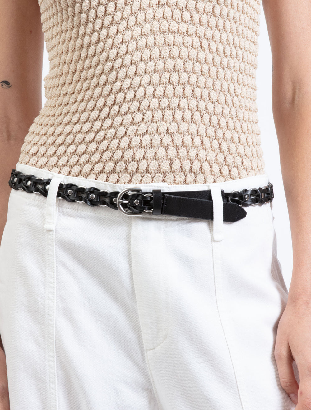 Model wearing Rag & Bone's aria chain belt in black.