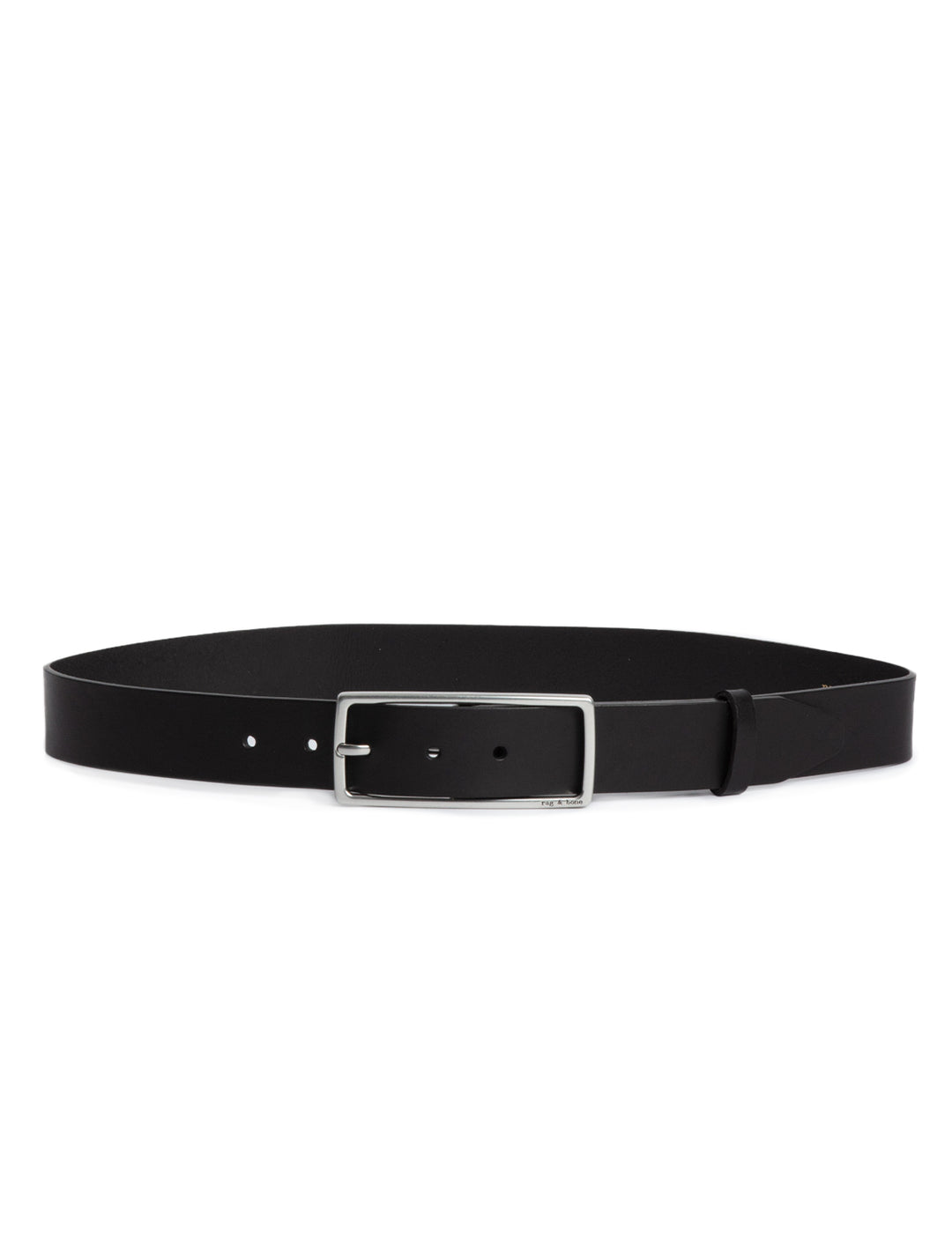 Front view of Rag & Bone's rebound belt in black and silver.
