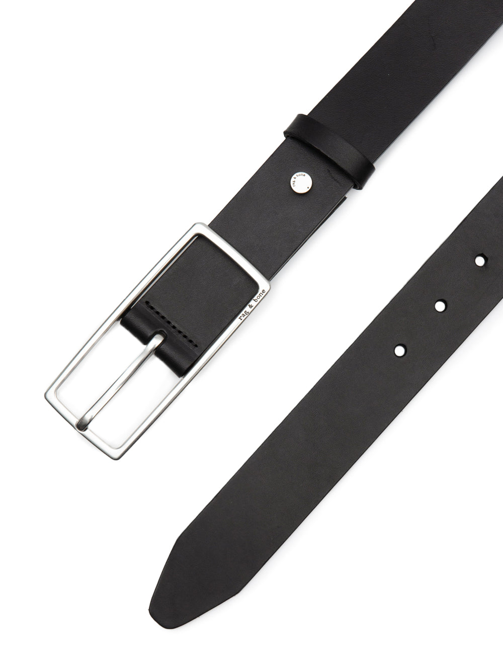 Close-up view of Rag & Bone's rebound belt in black and silver.