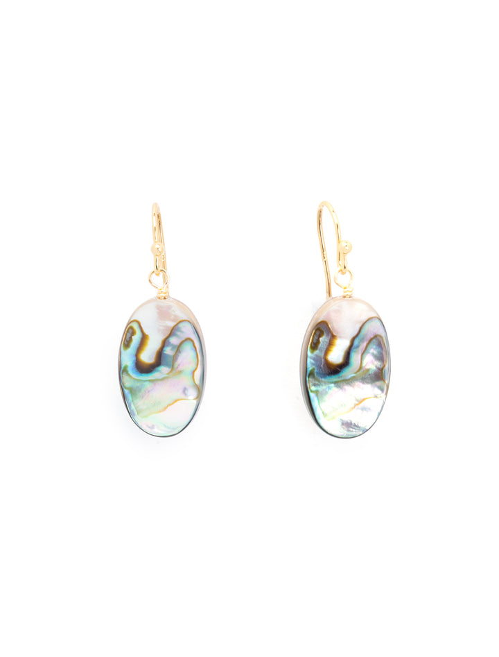 Front view of AV Max's oval abalone and mother of pearl earrings.