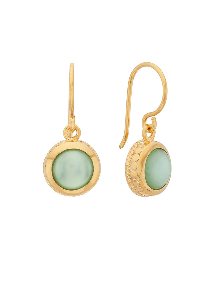 Front view of Anna Beck's green quartz drop earrings in gold.