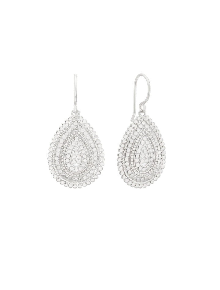 Front view of Anna Beck's medium scalloped drop earrings in silver.