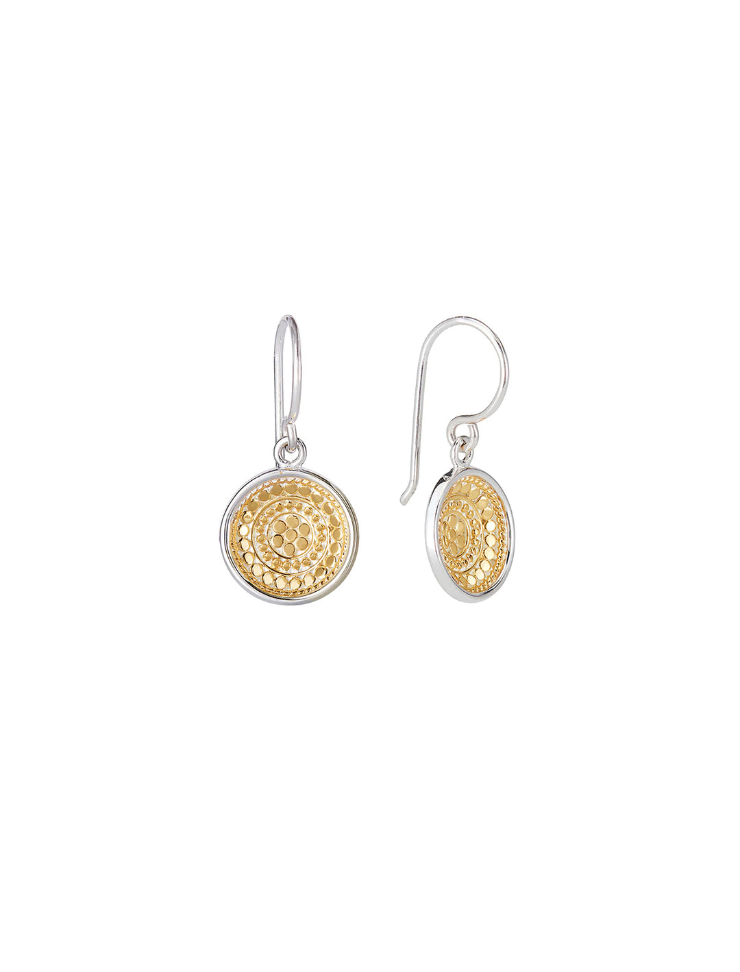Front view of Anna Beck's classic dish drop earrings in two tone.