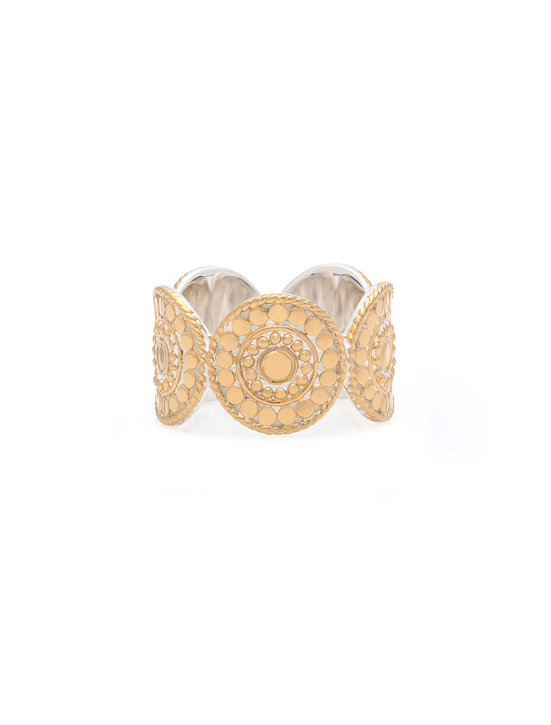 Front view of Anna Beck's contrast dotted multi-disc ring in gold.