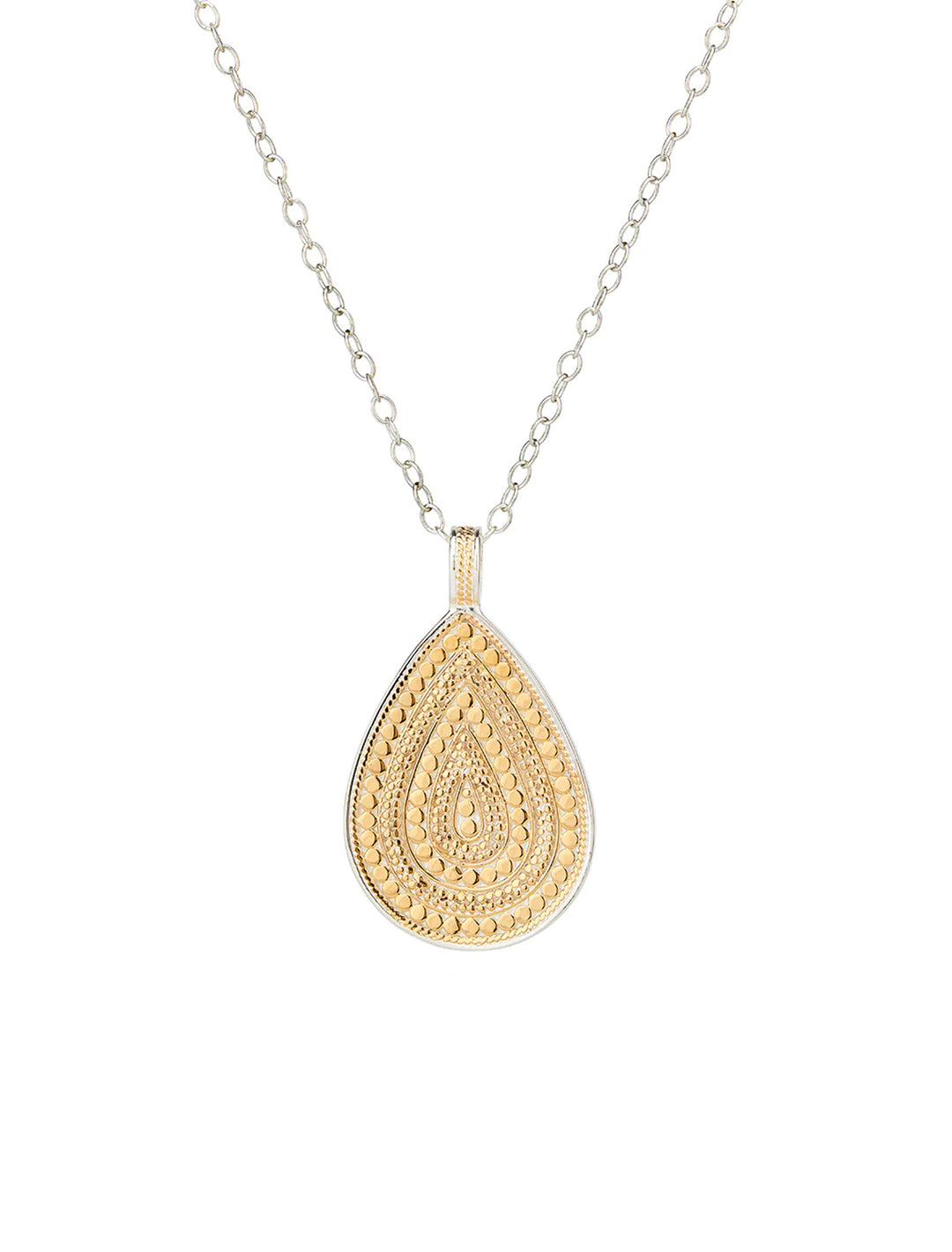 Front view of Anna Beck's classic large teardrop reversible two tone necklace - 30".