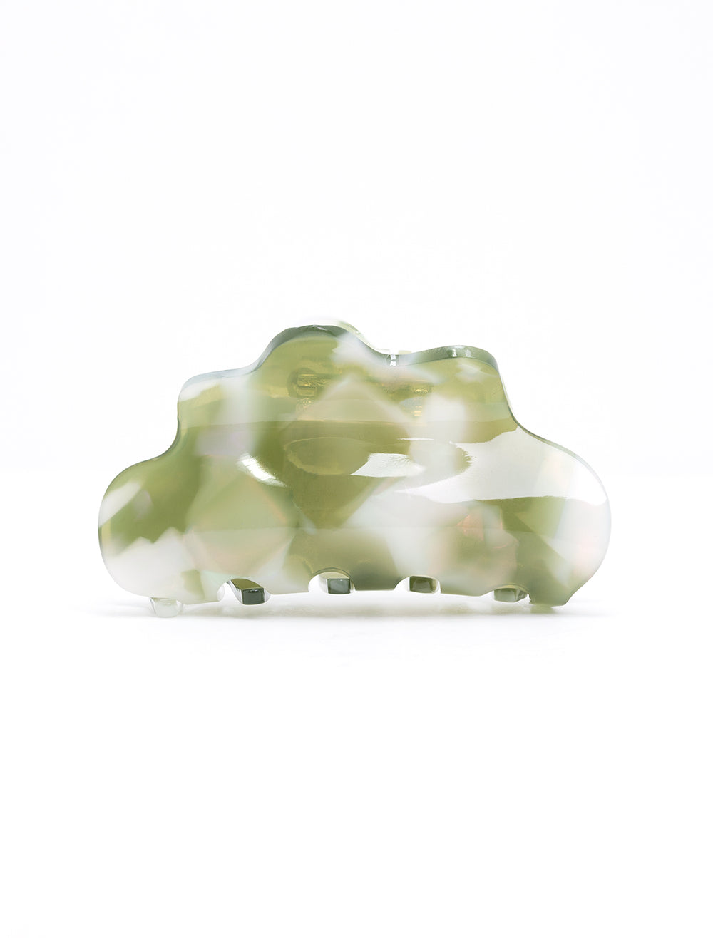 Side view of Tiepology's eco cloud hair claw clip in olive pearl.