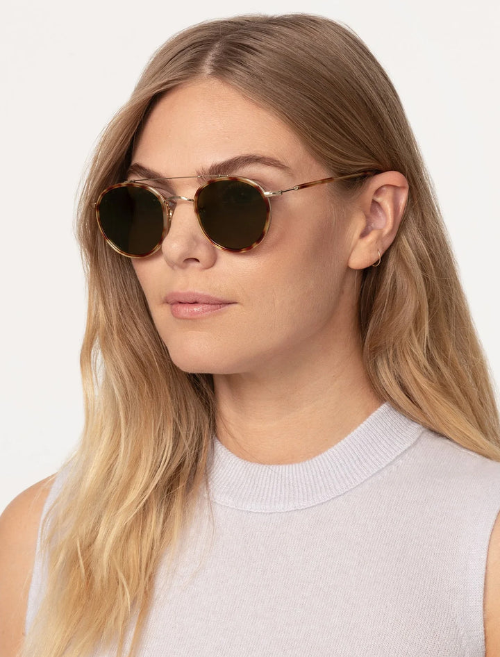 Model wearing Krewe's porter 12k titanium hawksbill polarized.