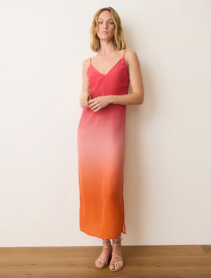 model wearing gabrielle slip dress in warm ombre