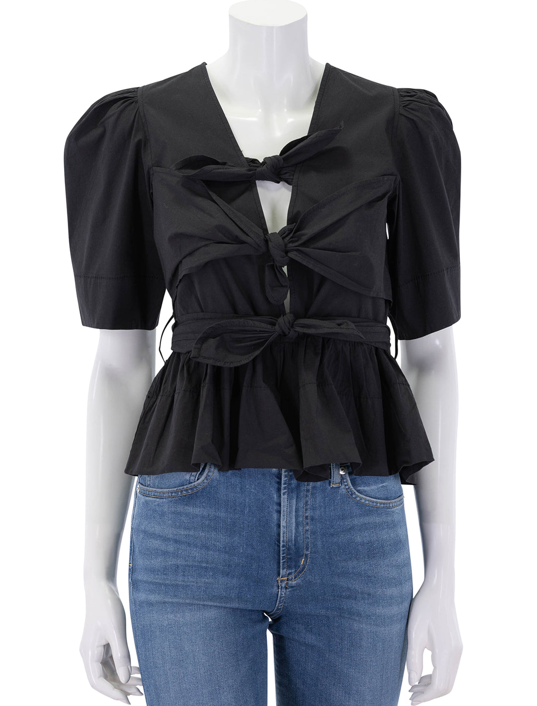 front view of washed stretch cotton tie strap top in black