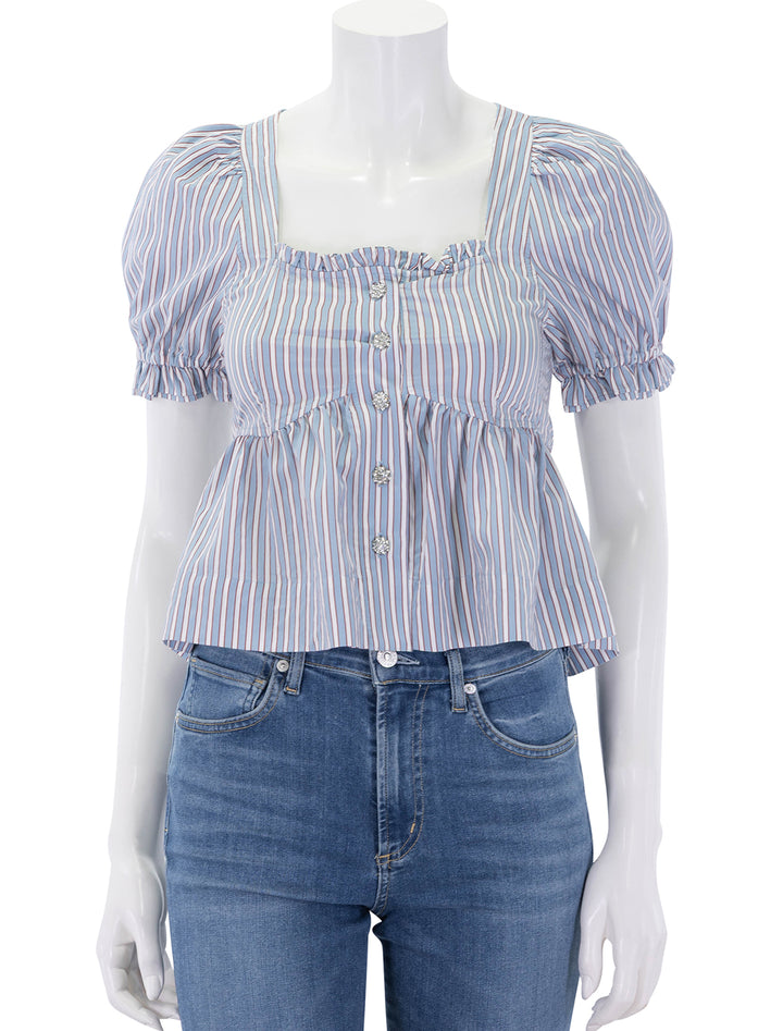 front view of striped soft chambray blouse