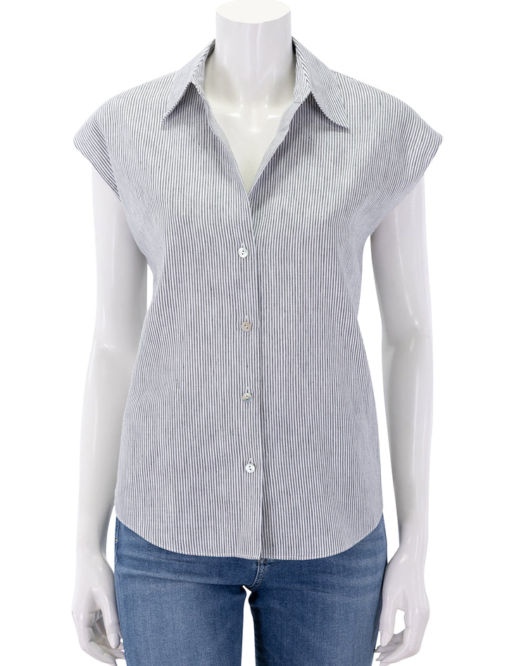 ticking stripe cap sleeve blouse in iris slate and off white