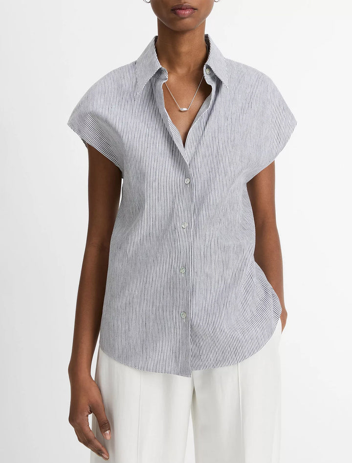ticking stripe cap sleeve blouse in iris slate and off white