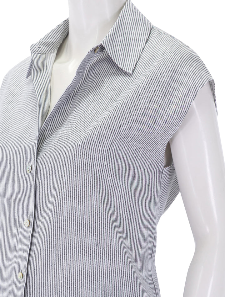 ticking stripe cap sleeve blouse in iris slate and off white