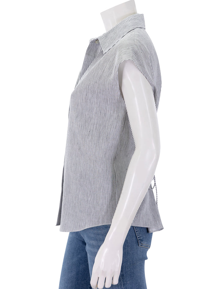 ticking stripe cap sleeve blouse in iris slate and off white