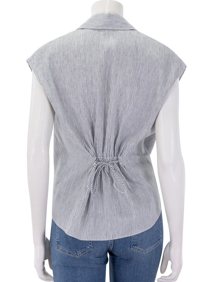 ticking stripe cap sleeve blouse in iris slate and off white