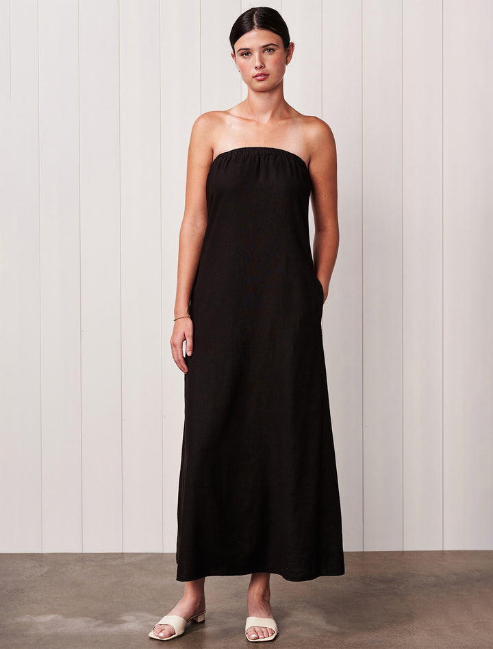 linen column maxi dress in black