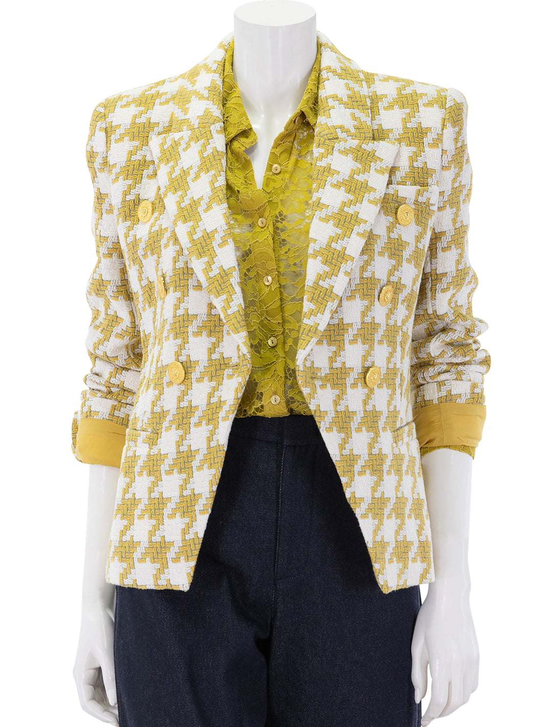front view of marie double breasted blazer in ceyon yellow hounsdtooth unbuttoned