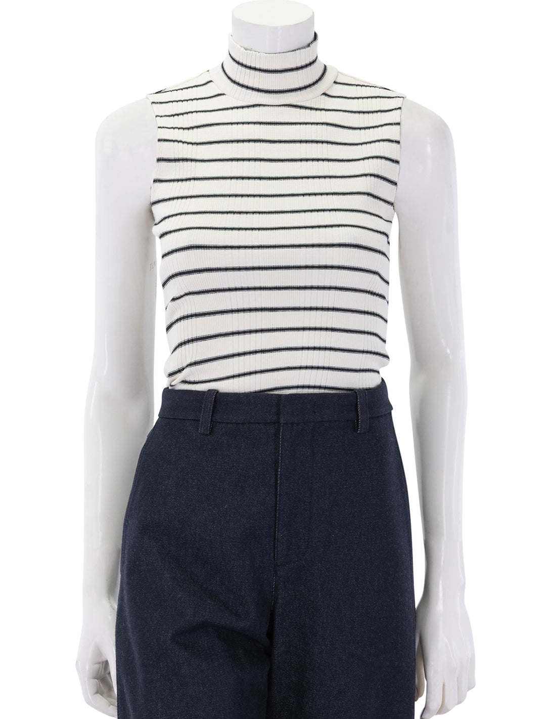 front view of rosie sleeveless mock neck in ivory and black stripe