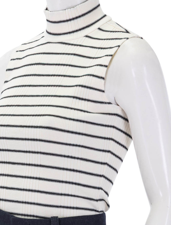 close up view of rosie sleeveless mock neck in ivory and black stripe
