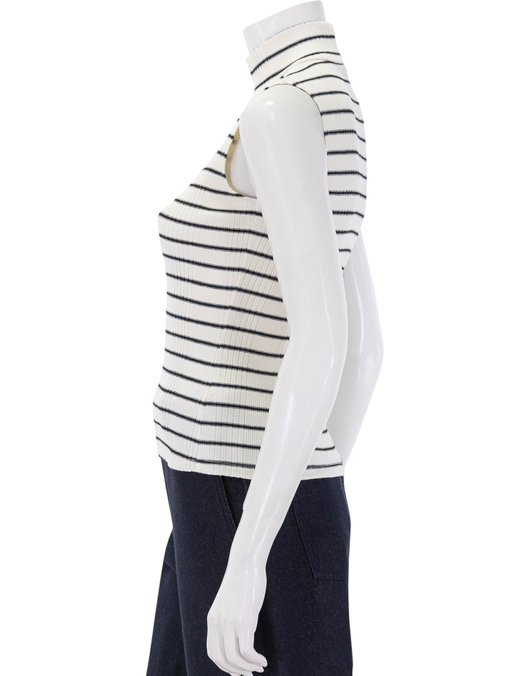 side view of rosie sleeveless mock neck in ivory and black stripe