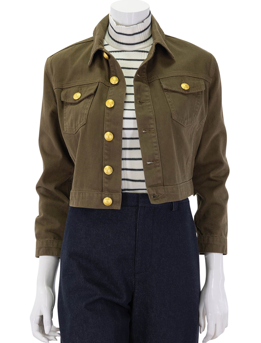 front view of koda crop jacket in pine unbuttoned
