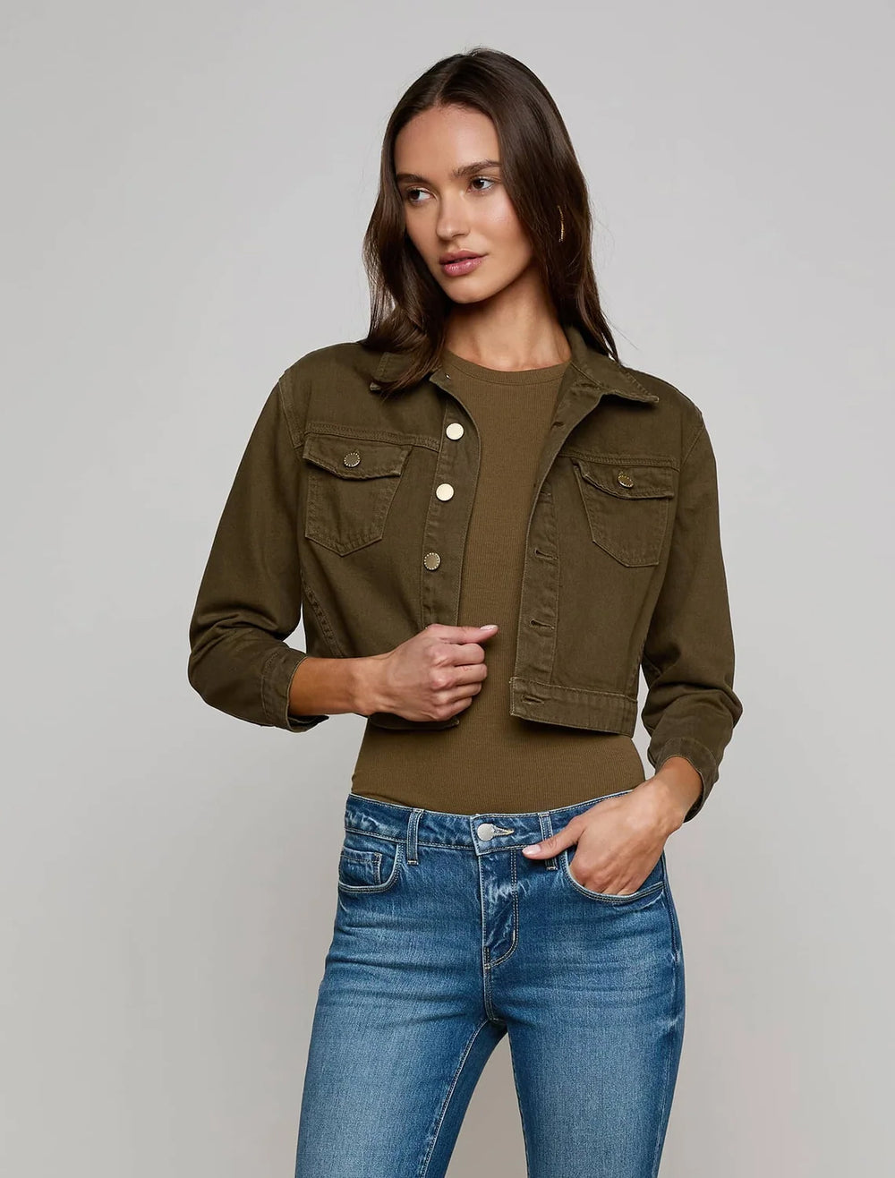 model wearing koda crop jacket in pine