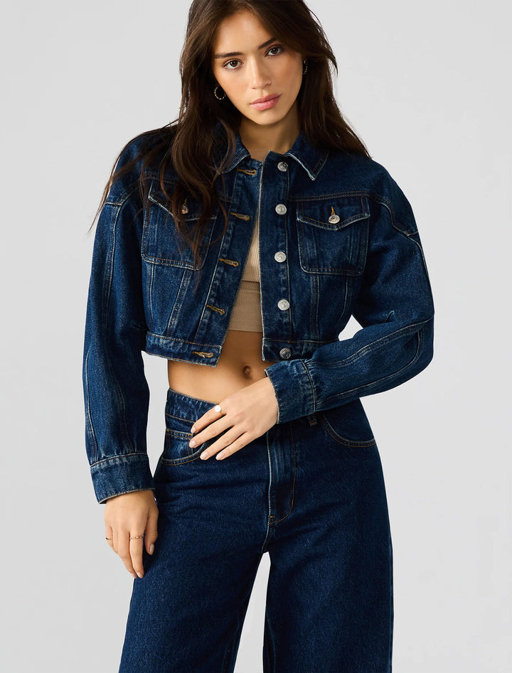 model wearing brixton jacket in denver wash