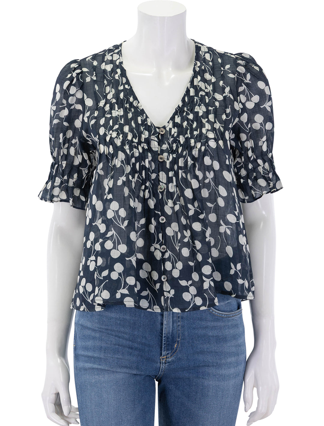 front view of cheri print blouse in navy