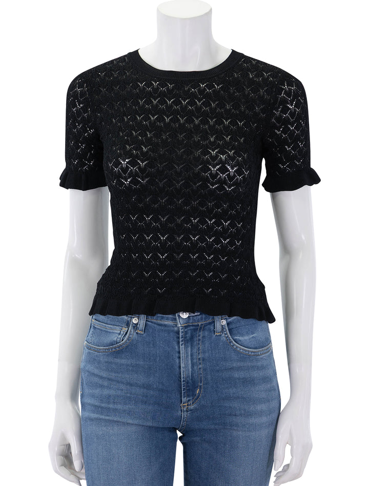 front view of rue fine gauge knit short sleeve sweater top in black