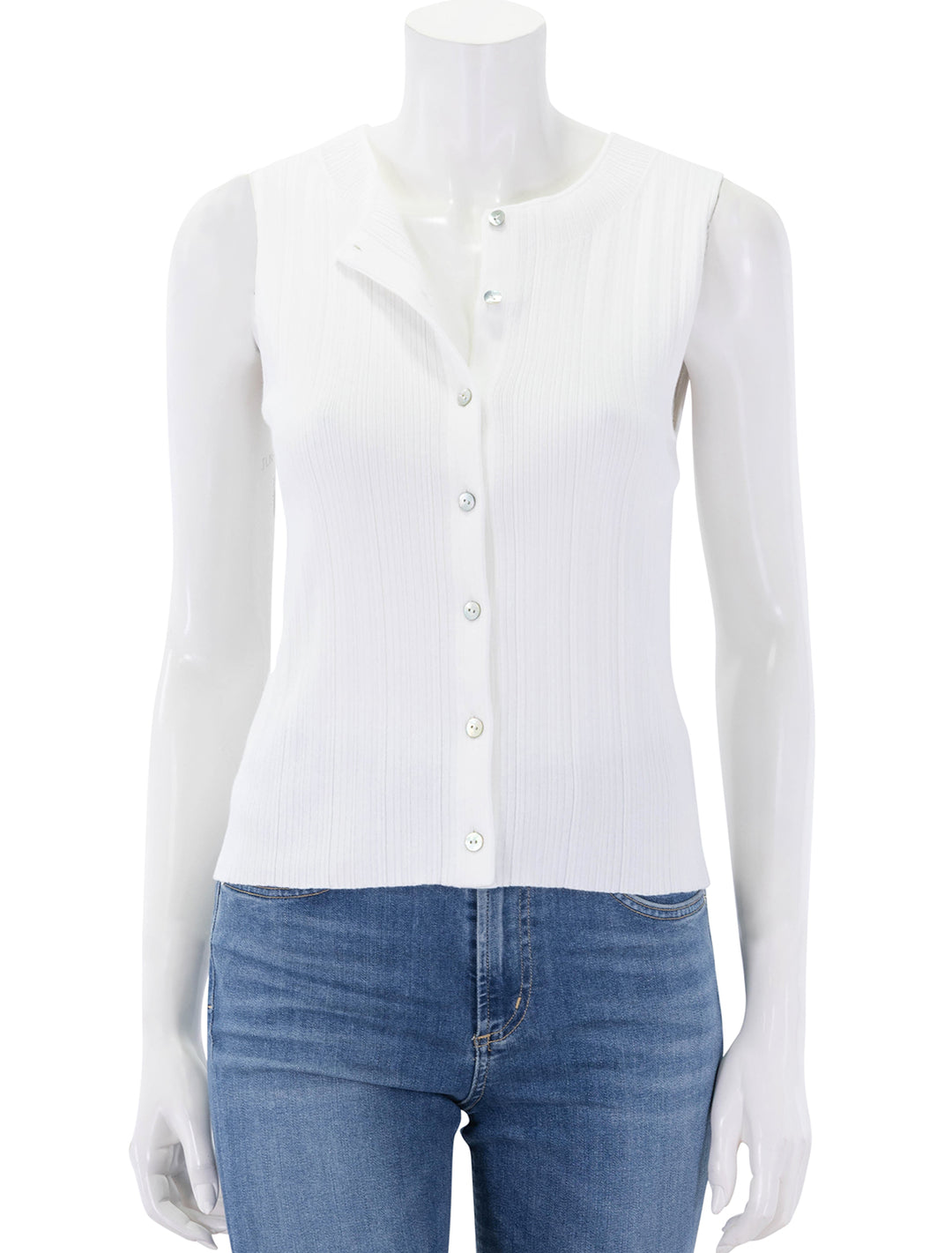 front view of button up sweater shell in off white