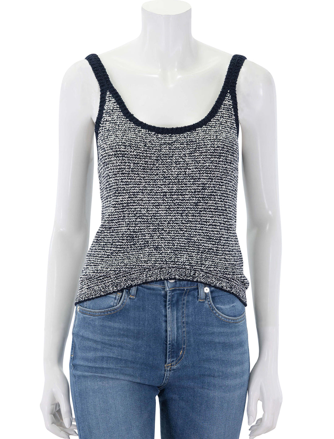 front view of textured micro stripe tank in coastal and oat
