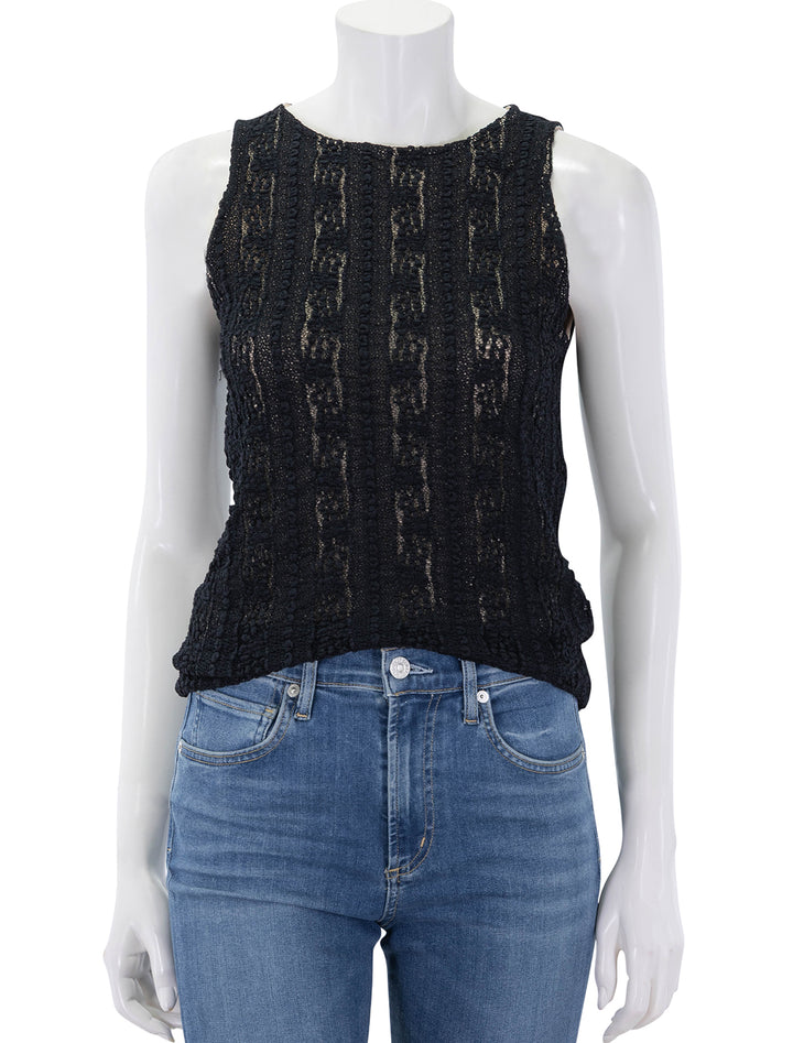 front view of high neck shell in black textured lace