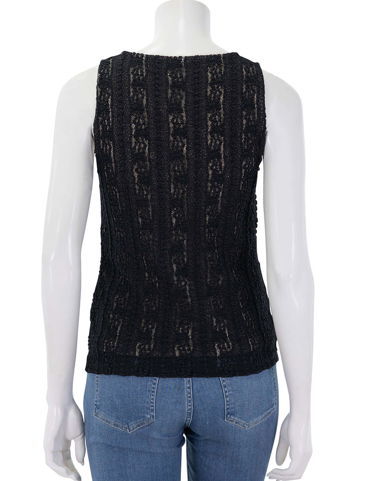 back view of high neck shell in black textured lace