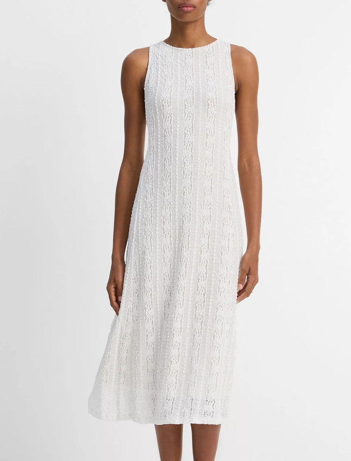high neck dress in off white textured lace