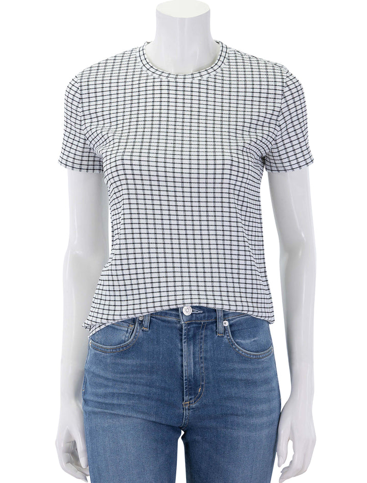 front view of knit crinkle check tee in black and white