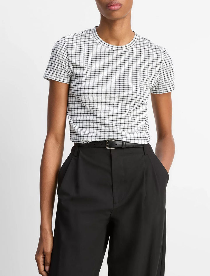 model wearing knit crinkle check tee in black and white