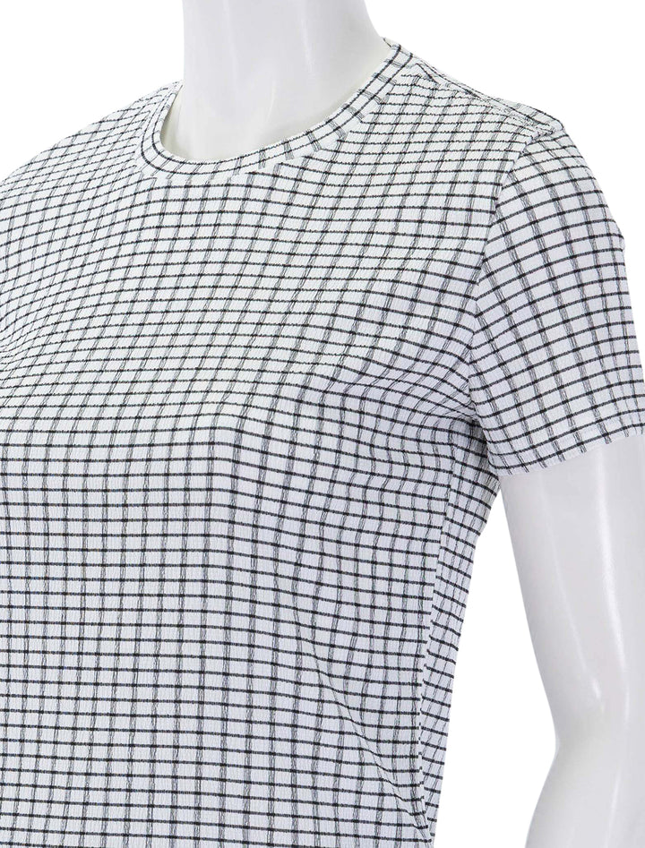 close up view of knit crinkle check tee in black and white