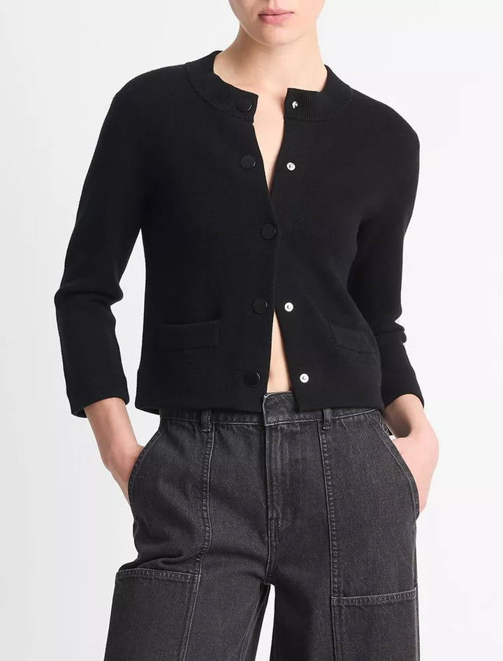model wearing shrunken snap soft sculp cardigan in black