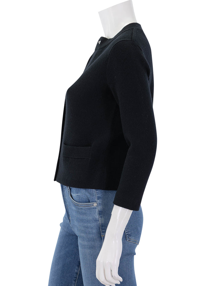 side view of shrunken snap soft sculp cardigan in black