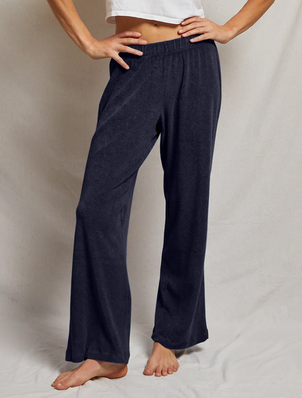 model wearing katie loop terry pants in navy