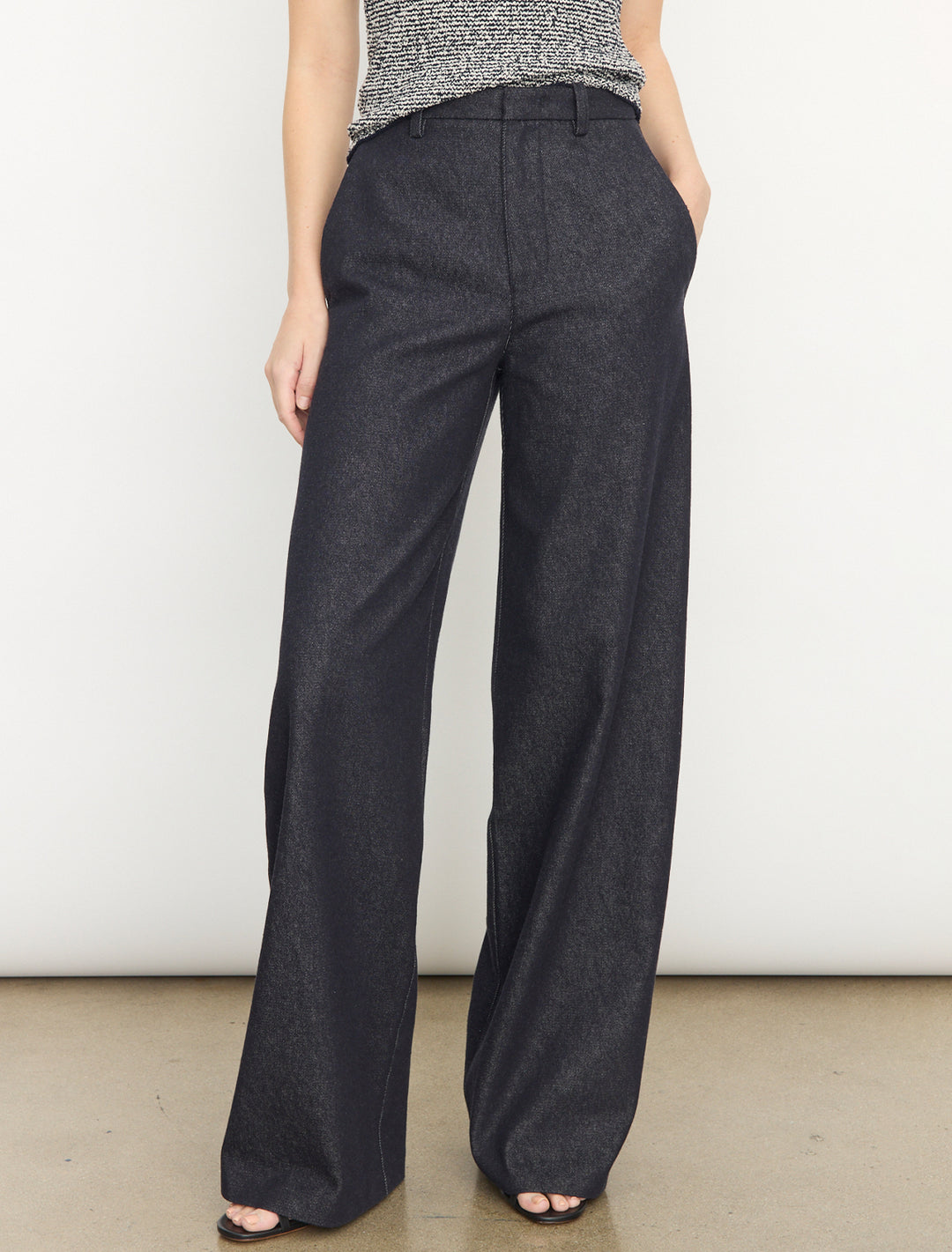 high waist cotton twill wide leg trouser in deep indigo