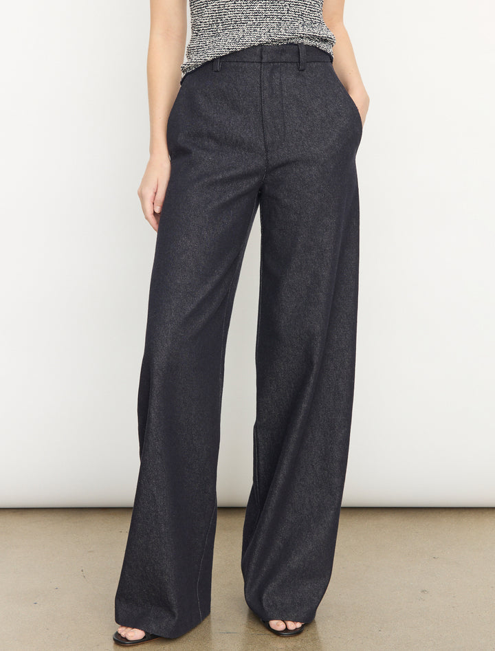 high waist cotton twill wide leg trouser in deep indigo