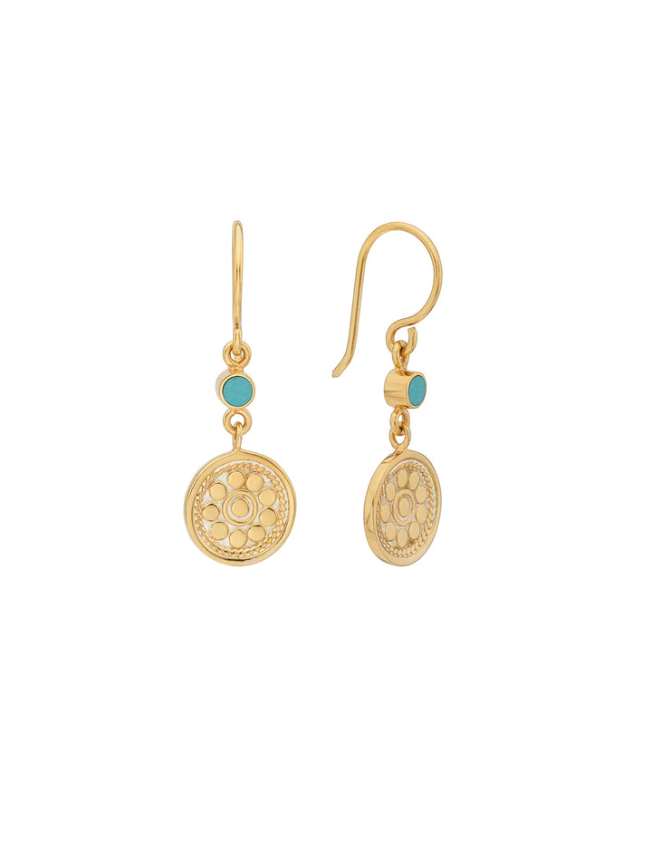gold disc and turquoise accent dangle earrings