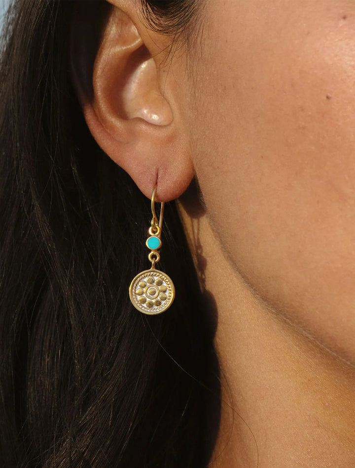 gold disc and turquoise accent dangle earrings