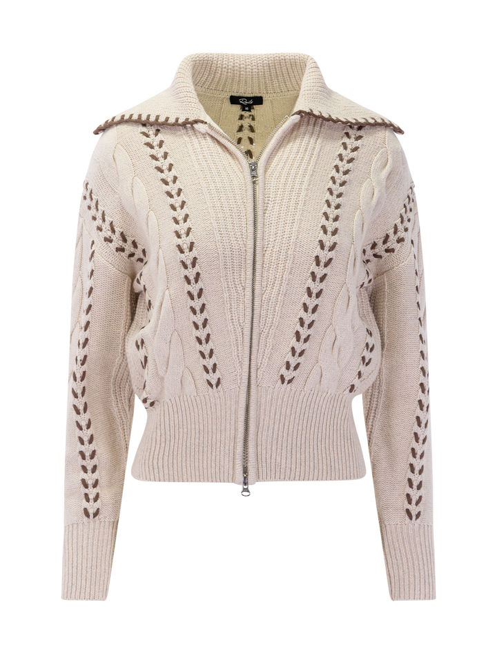 lune zip cardigan with brown whip stitch