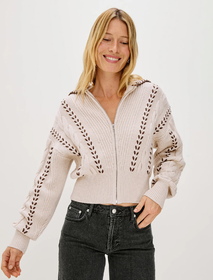 lune zip cardigan with brown whip stitch
