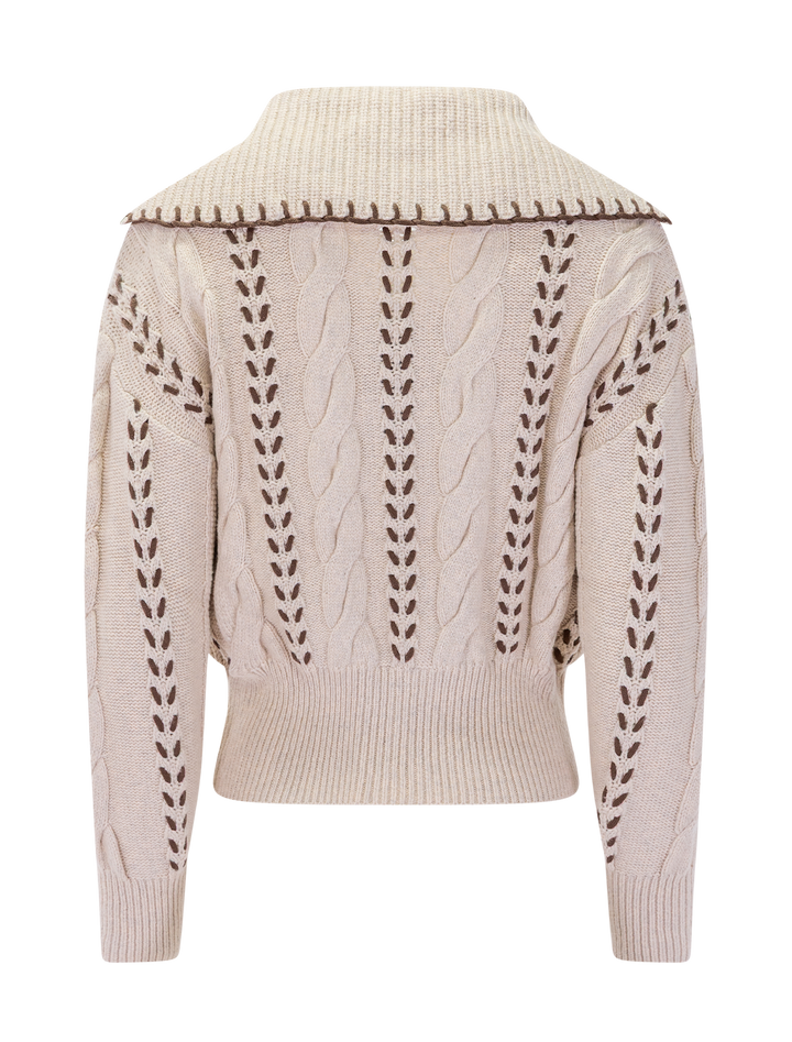 lune zip cardigan with brown whip stitch