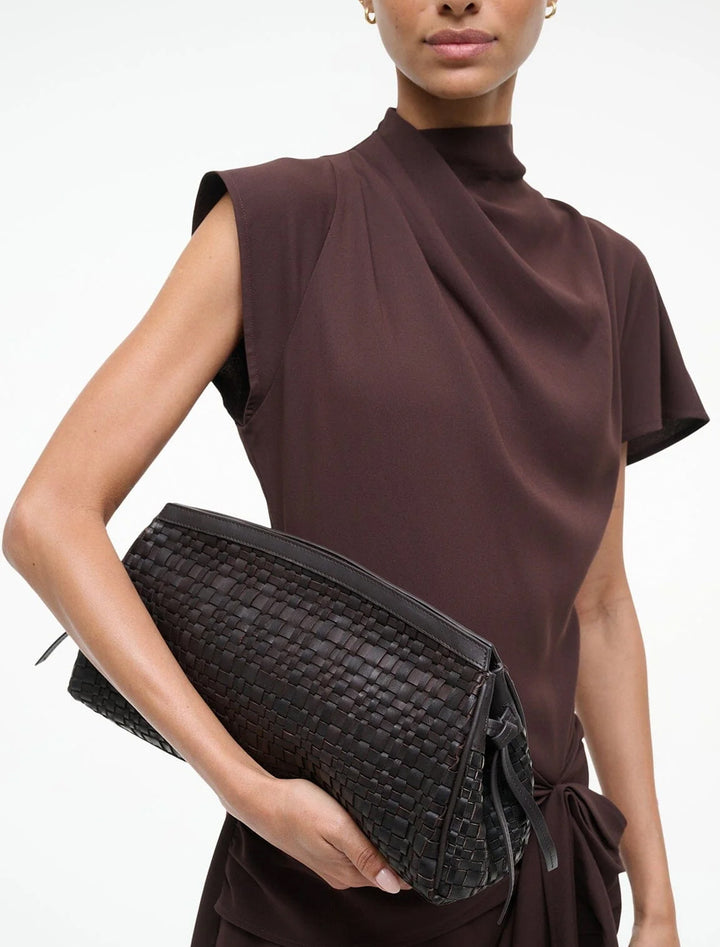 maude soft clutch in espresso woven