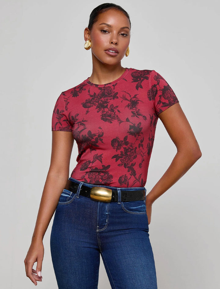 ressi tee in burgundy painterfly print